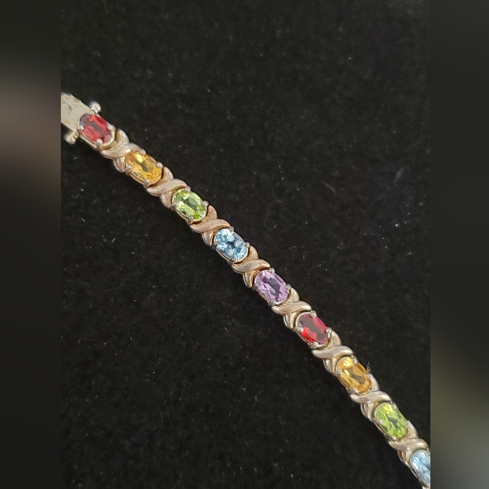 925 Sterling Silver Multi Gemstone Tennis Bracelet Overtone Vintage - Picture 6 of 15